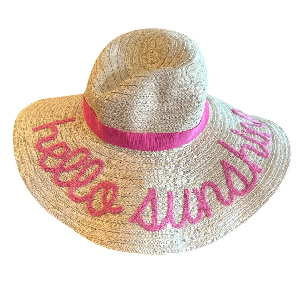 Hello Sunshine Straw Floppy Hat Pink Embroidered Summer Beach Hat